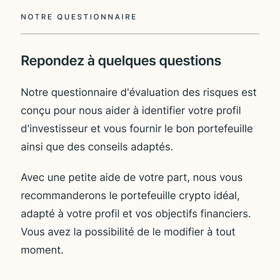 CryptoSimpleApp's tweet image. Notre questionnaire d&apos;évaluation des risques CryptoSimple est conçu pour nous aider à identifier votre #profil d&apos;investisseur et vous fournir le bon portefeuille basé sur vos #objectifs financiers et votre tolérance au risque.

#CryptoSimple #Investissement #Blockchain #DeFi