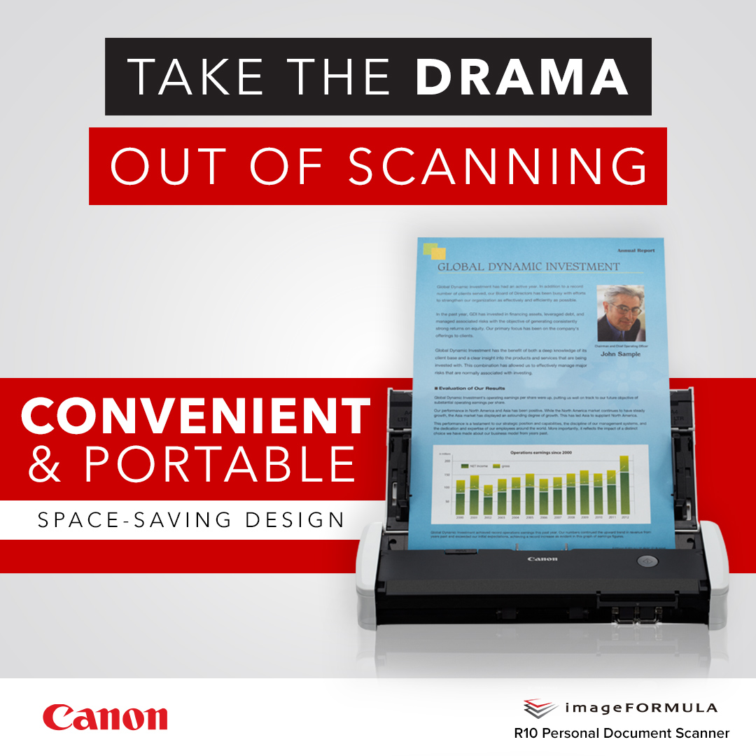 CanonUSABiz's tweet photo. Take the drama out of scanning with our #imageFORMULA R10 Personal Document Scanner.
Shop now: https://t.co/h5OqVTeRNr https://t.co/iFtaB0kkaq