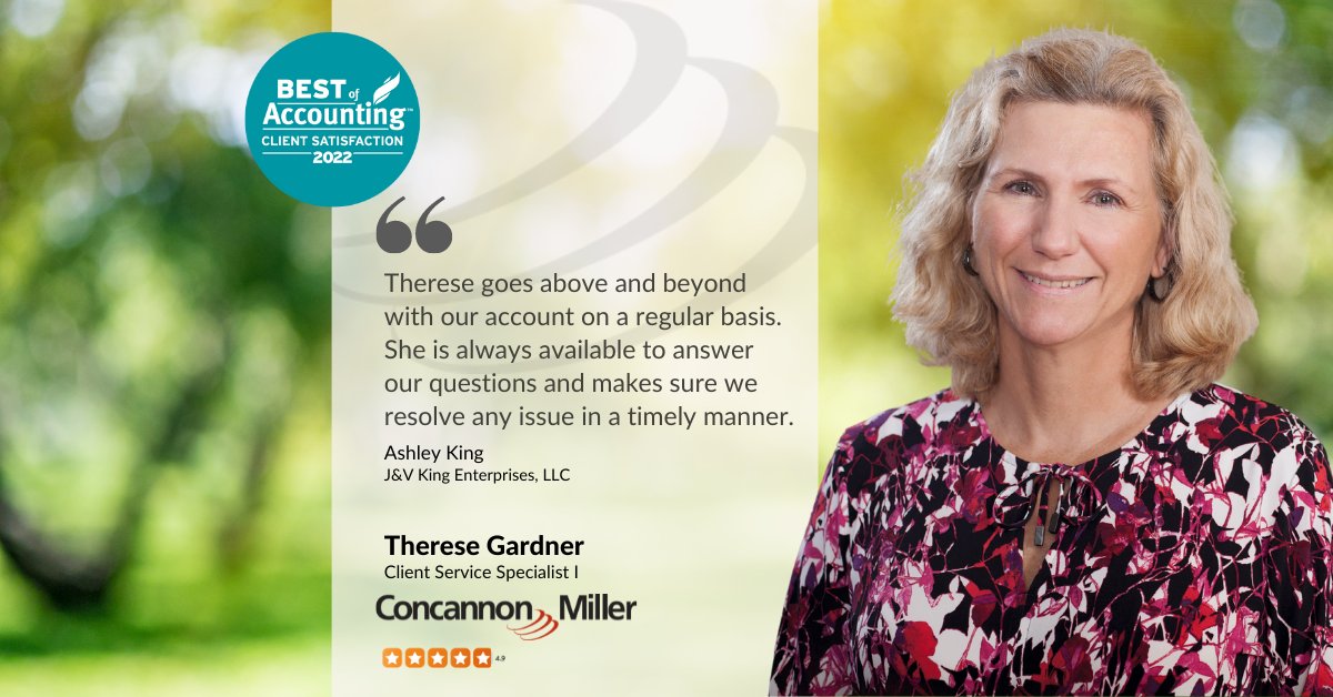 ConcannonCPA's tweet photo. "Therese goes above and beyond with our account on a regular basis. She is always available to answer our questions." #ClientTestimonial #BestofAccounting https://t.co/r60AEbPwZD