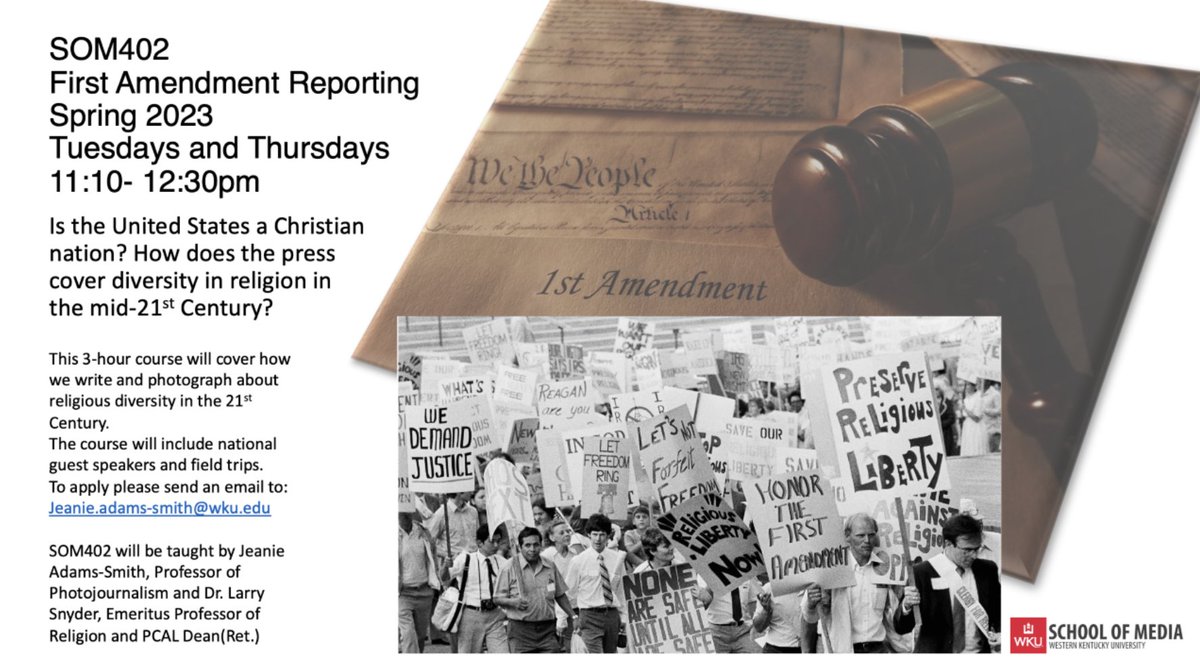 The First Amendment Reporting class is open for applications for the Spring semester. 

To apply, please reach out to Jeanie Adams-Smith at jeanie.adams-smith@wku.edu.