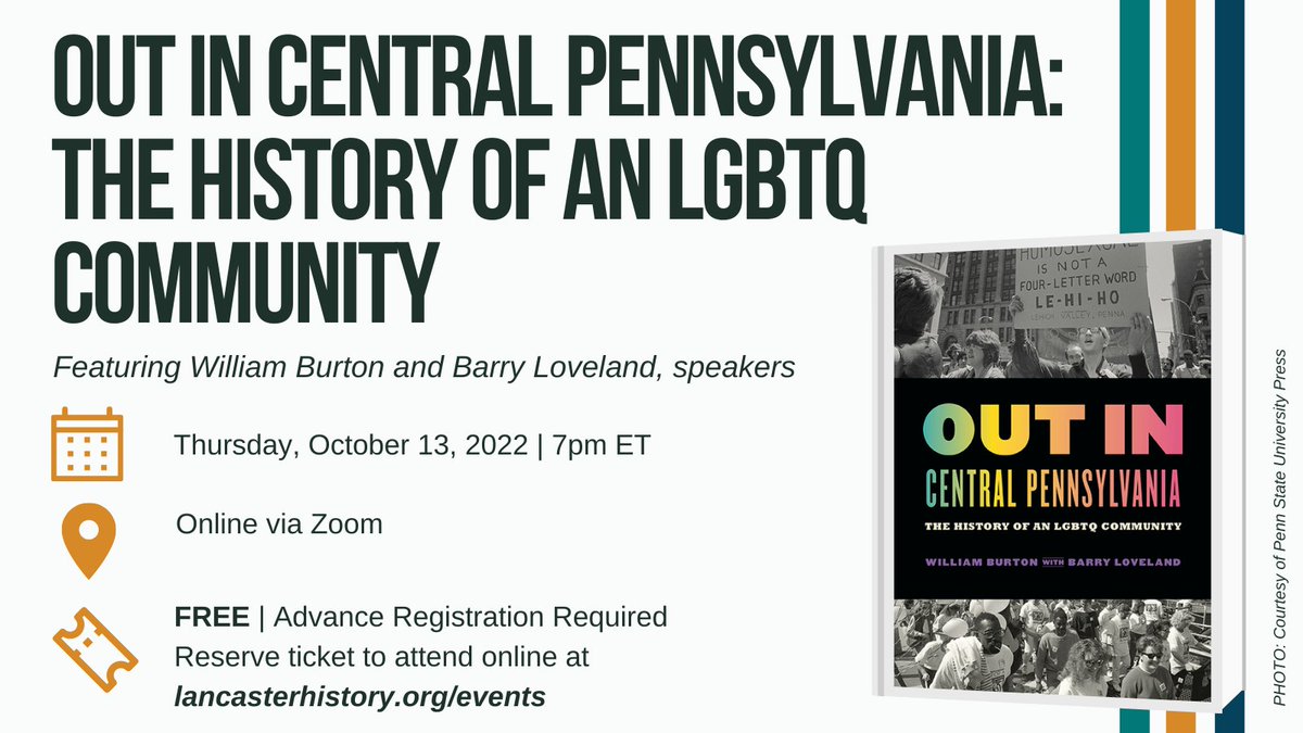 Join us on Thursday, October 13 at 7pm for an online lecture about the history of the LGBTQ community in Lancaster and the surrounding Central Pennsylvania region. Register for free at ow.ly/iFtp50JFVZX.