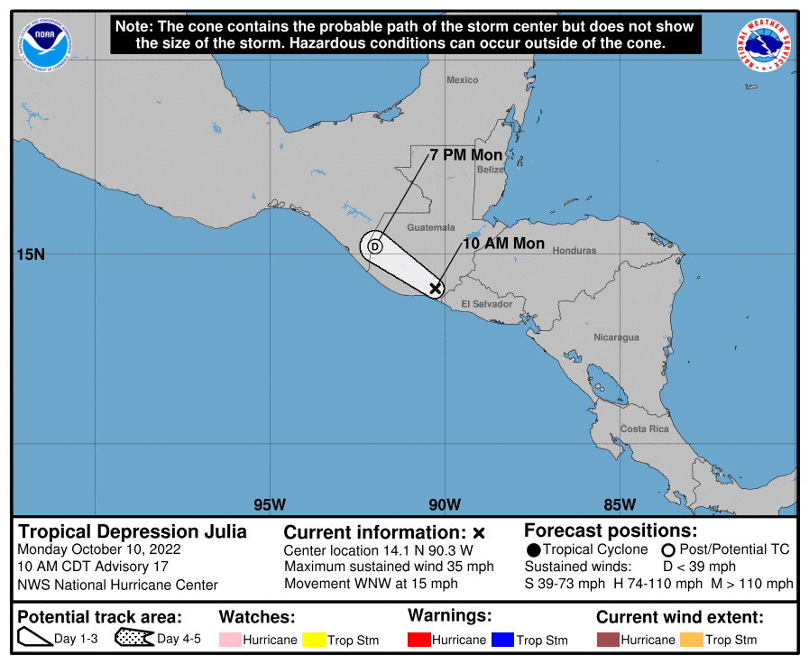 MOISESURBINA's tweet photo. ACTUALIZACION..
JULIA ya no es Tormenta ha sido degradado a Depresion.... y ya esta en tierras de Guatemala.
@elnoticiero_6 
Lunes 10 Oct 0900 https://t.co/1q3nHD8jWR