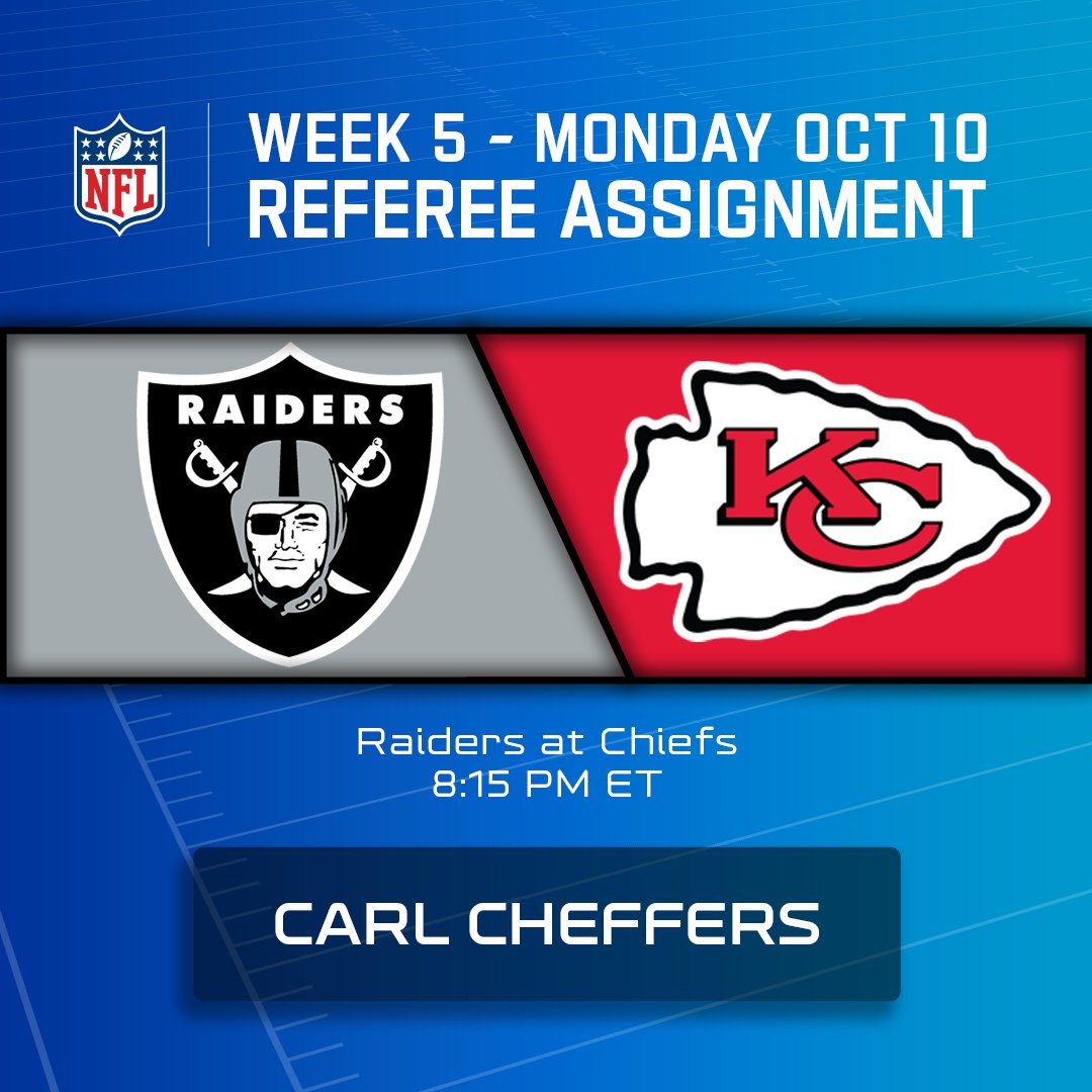NFL Officiating on X: 'Tonight's referee assignment for #LVvsKC #MNF  @Raiders @Chiefs  / X