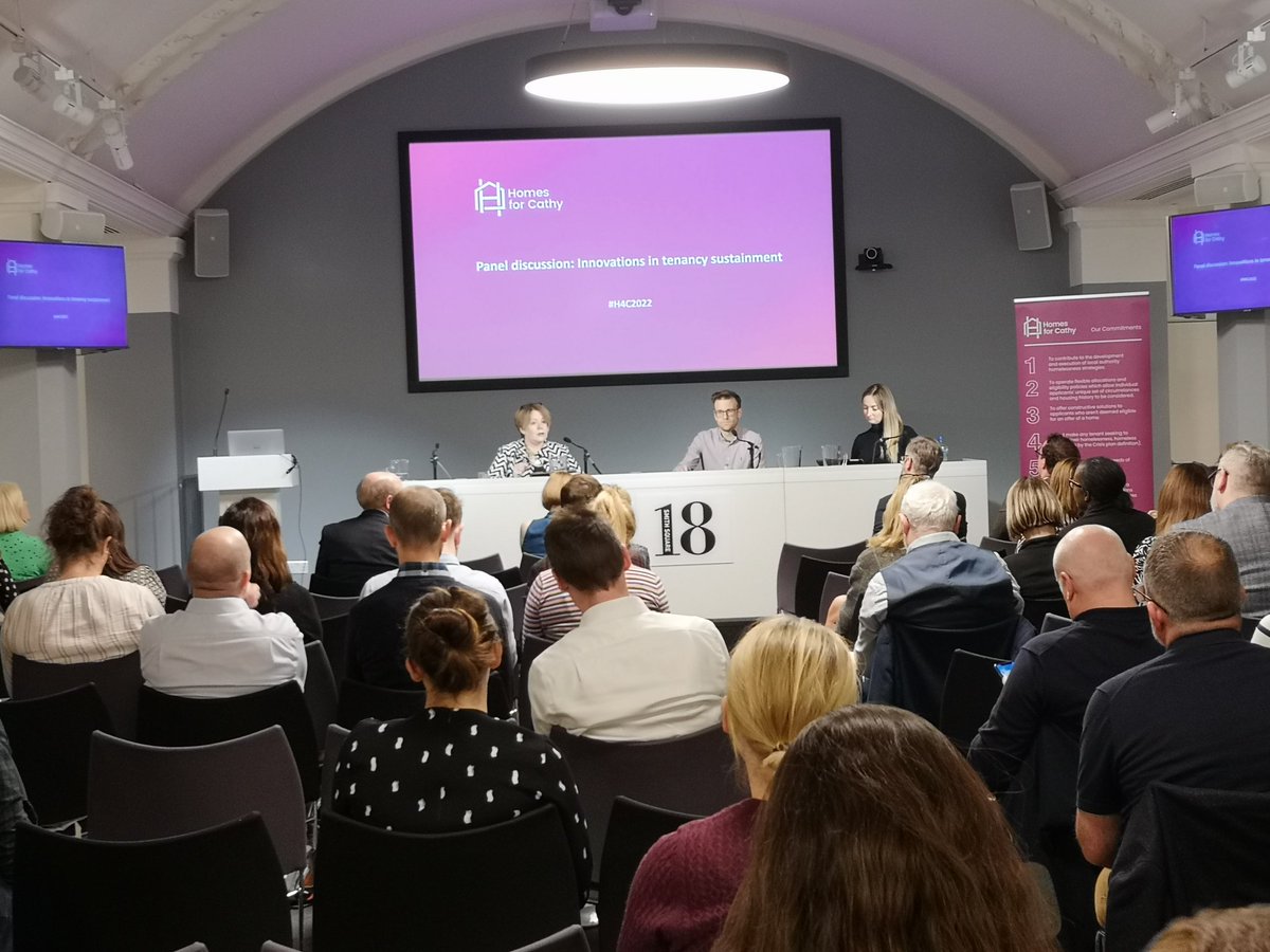 HomesforCathy's tweet photo. It's the final panel of the day Innovations in tenancy sustainment, with @TraceyLees2,  Dave Robinson @RiversideUK,  Katie Docherty from @BroadlandHsg. #H4C2022 https://t.co/UOkLjejwfz
