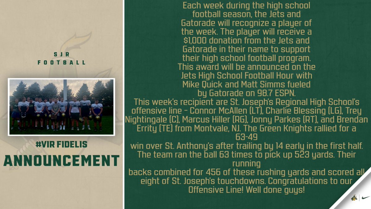 CoachMarangi's tweet photo. For the first time ever, The @nyjets decided to honor our entire offensive line unit as player of the week! Congratulations for a job well done!  #VirFidelis @sjrhighschool @mcalle_connor @_marcushiller @nightingaletrey @BrendanErrity @charles15313174 @parkesjonny @john_foley66 https://t.co/HEaWWGlZ3G