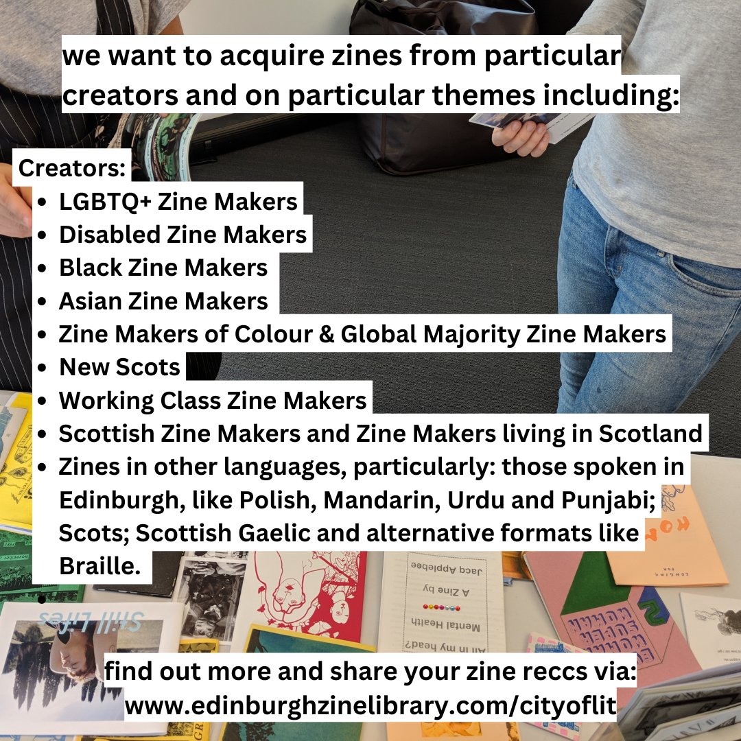 edzinelibrary's tweet photo. hey! we've been awarded an @EdinCityofLit Community Fund grant to expand and develop our collection! so we're asking for you to give us your zine reccs, via https://t.co/P2zK97HoEW https://t.co/0j0tuVpmGb