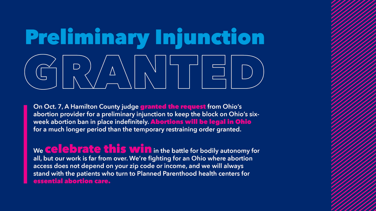 PPGreaterOH's tweet photo. 🚨 NEW: Ohio’s 6-week abortion ban has been blocked. We celebrate this huge win for abortion providers in Ohio and the countless people that will benefit from this decision! Our fight continues to assure that all Ohioans have access to the care they deserve – no matter what. https://t.co/tXV377jFHy