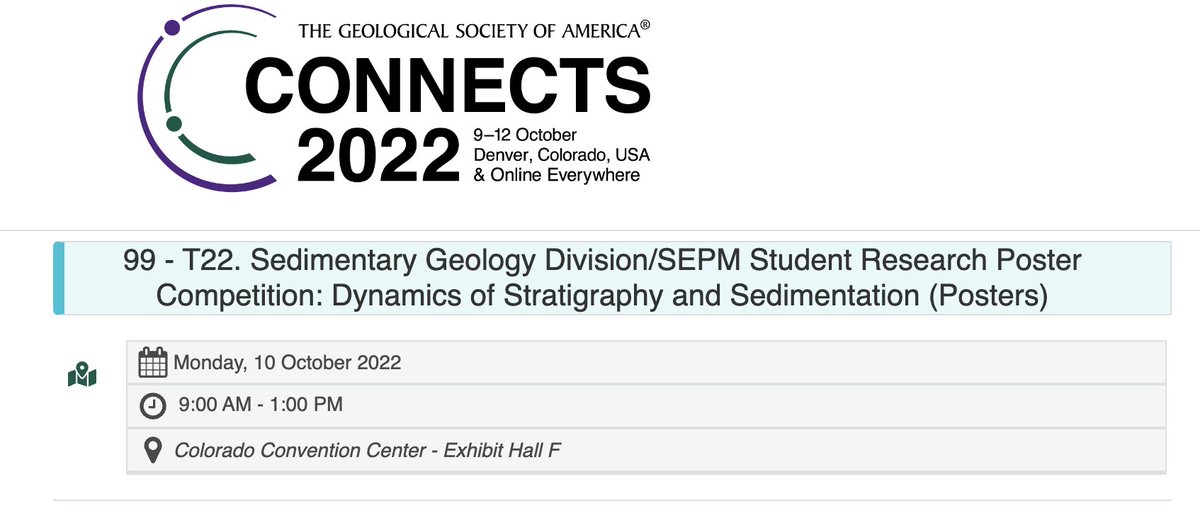 GSA Sedimentary Geology Division (@gsa_sgd) on Twitter photo Posters THIS MORNING <a href="/geosociety/">geosociety</a> Connects 2022!
T22. Sedimentary Geology Division/SEPM Student Research Poster Competition: Dynamics of Stratigraphy and Sedimentation (Posters)
9:00 AM - 1:00 PM
Colorado Convention Center - Exhibit Hall F Posters THIS MORNING <a href="/geosociety/">geosociety</a> Connects 2022!
T22. Sedimentary Geology Division/SEPM Student Research Poster Competition: Dynamics of Stratigraphy and Sedimentation (Posters)
9:00 AM - 1:00 PM
Colorado Convention Center - Exhibit Hall F