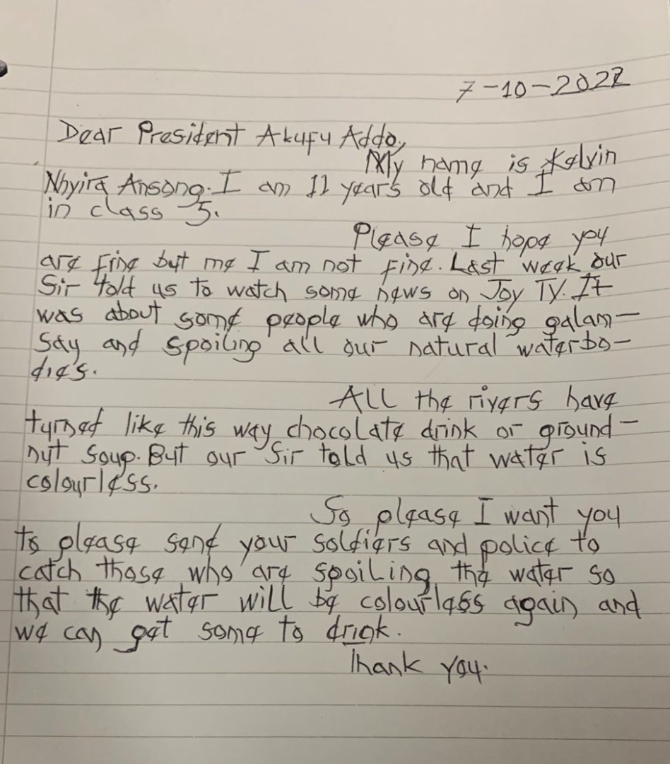 JoyNewsOnTV's tweet image. #NoToGalamsey: An 11-year-old class five student’s letter to President Akufo-Addo on 'galamsey.'