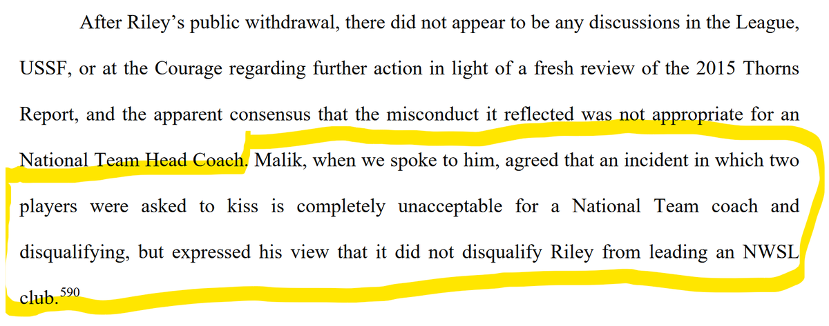 Oaguabonita's tweet photo. #YatesReport
So Malik thought Riley's sexual misconduct was disqualifying for a USWNT head coach, but fine for a NWSL team head coach. Has he been totally removed from any involvement with women's football yet? Cuz that view is disqualifying from any such involvement (p. 82): https://t.co/fuTbVJ9RU2