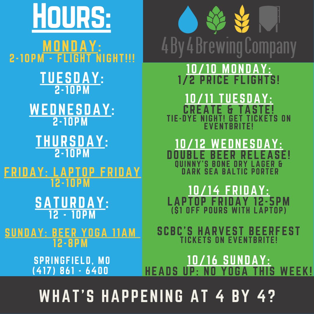 4by4Galloway's tweet photo. Here's a look at what's going on this week at 4 By 4! We look forward to pouring you a pint!

#weeklyevents #beerrelease #twobeers #417land #thingstodo #springfieldmoevents #breweryevents #gallowaydistrict #springfieldmo #4by4brewingco https://t.co/Q9hDsvqPlW