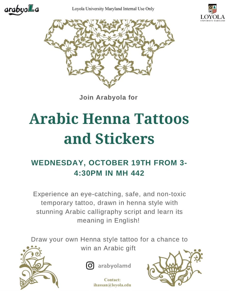 Want to learn more about Hennas and Arabic calligraphy? Join Arabyola on Wednesday, October 19th from 3-4:30pm in MH442 for this fun Arabic Henna Tattoos and Stickers activity! 📚