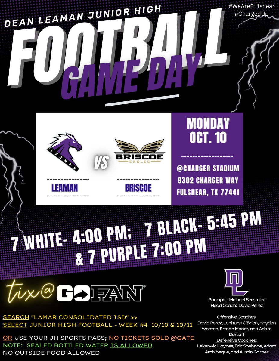 🏈Monday Night Football @ HOME with the Chargers of <a href="/LeamanJH/">Leaman Junior High</a>! Come on out to cheer on the Chargers &amp; Coaches as they take on the Briscoe JH Eagles! Get your tickets at:  gofan.co/app/school/TX1… <a href="/DLJHChargers/">DLJH Boys Athletics</a> <a href="/Coach_DPerez/">David Perez</a> <a href="/coachcodutti/">Coach Codutti</a> #ChargedUp #WeAreFu1shear <a href="/lcisdathletics/">LCISD ATHLETIC DEPT.</a>