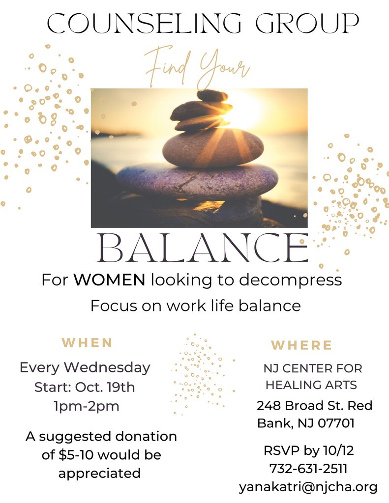 NJCHA's tweet image. Find Your Balance 🤍 a counseling group for women that are looking to decompress the daily stressors of life. 

Wednesdays starting October 19th from 1pm-2pm

RSVP by 10/12 if you would like a spot in the group!

We hope to see you ladies there! 💖

#FindYourBalance
