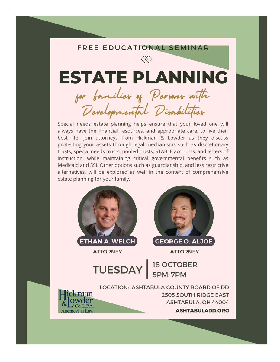 Reminder: Tomorrow, October 18th we will be hosting an Estate Planning meeting from 5pm -7pm. Hickman &amp; Lowder Attorneys at Law will discuss STABLE Accounts, trusts, Medicaid, SSI, guardianship and more. This meeting is free and open to the community.