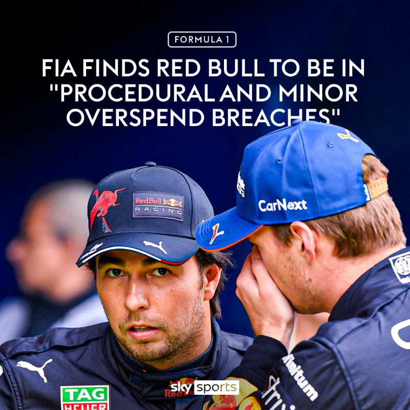 SkySportsF1's tweet photo. Red Bull have been found in 'minor' breach of Formula 1's cost cap, the FIA has confirmed.

Aston Martin have been found to have made a 'procedural' mistake with their report.
