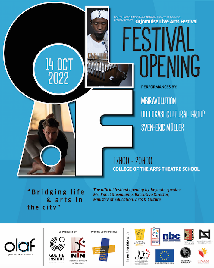 OLAF_Namibia's tweet photo. OLAF opens this Friday, 14 October, at the COTA Theatre School. The public is invited to join the official opening, engage with our special guests and enjoy performances by Tapz Munyayi & Band, Ou Lokasi Cultural Group and Sven-Eric MΓΌller.
FREE ENTRANCE
#olafnamibia #olaf2022 https://t.co/Ld7N8B4STv