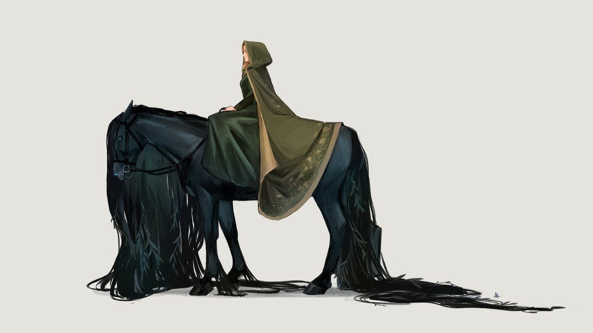 Goldberry in a green dress and riding cloak on top of a black kelpie with a long flowing mane interlaced with river plants