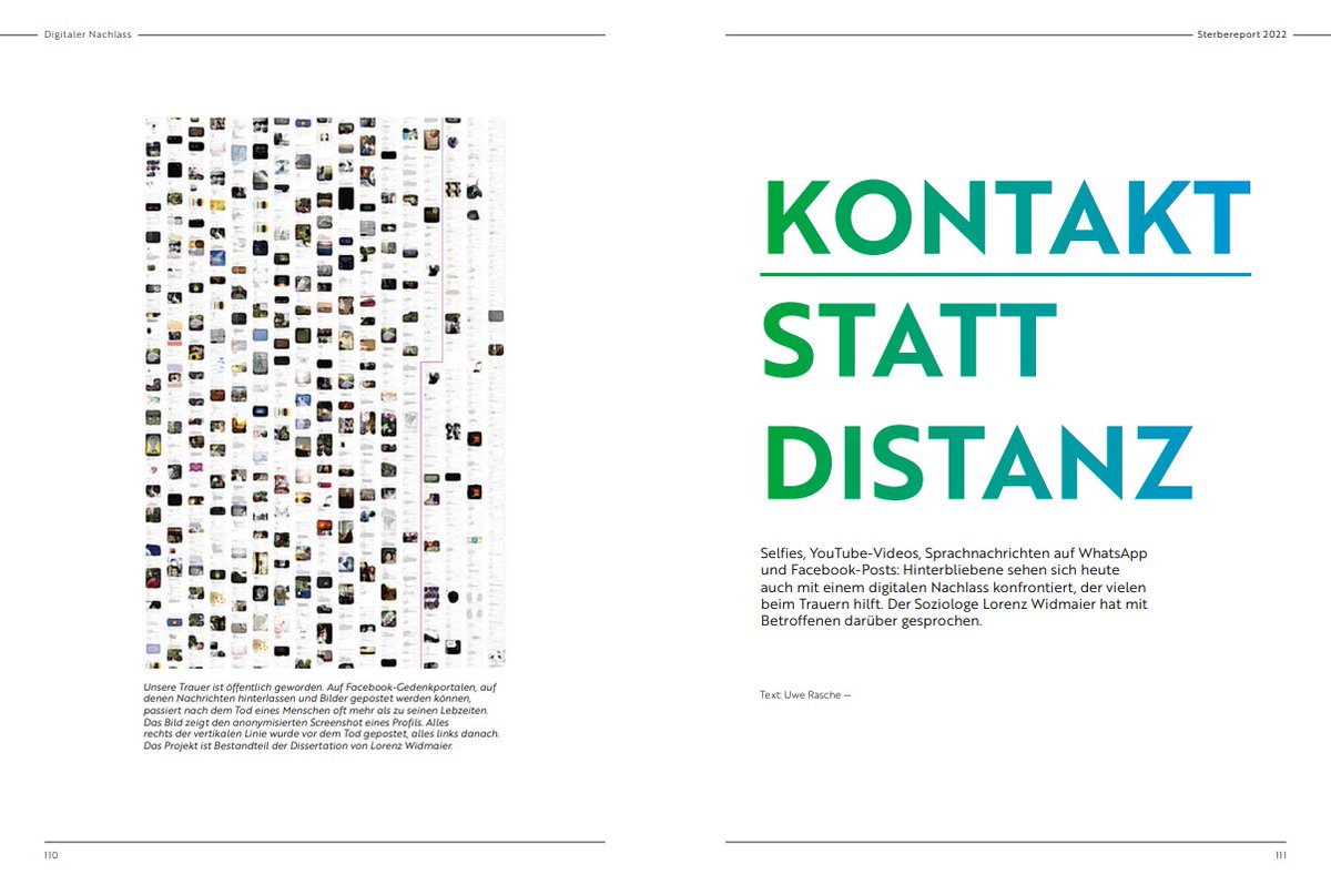 In dem Interview "Kontakt statt Distanz" sprach Uwe Rasche mit mir über das digitale Erbe und wie wir  mit Selfies, YouTube-Videos oder WhatsApp-Nachrichten trauern. 

Veröffentlich im #Sterbereport 2022 von <a href="/brandeins/">brand eins</a> und der #AhornGruppe. 

brandeins.de/corporate-serv… 
S. 110- 115