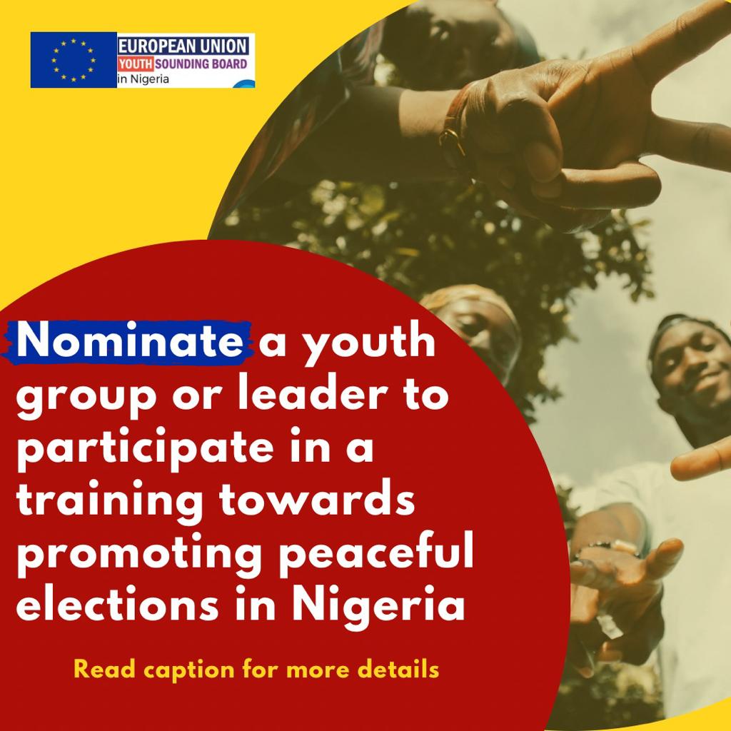 EU_YSBnigeria's tweet photo. Do you know a youth group or leader of influence at the grassroots who should participate in an exclusive training towards promoting peaceful elections in Nigeria? 

#EUYSBNigeria #SoundItWithYSB https://t.co/svjcztpmbD