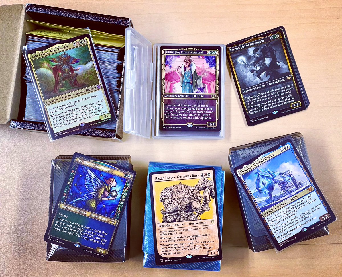 LeroyHayabusa's tweet photo. What #EDH decks are you working on currently? I keep starting and stalling on all of these. #Magic #mtg #MagicTheGathering #MagicCardCollection #mtgfinance #MagicCards #Commander https://t.co/ZxzpEsIQ5t