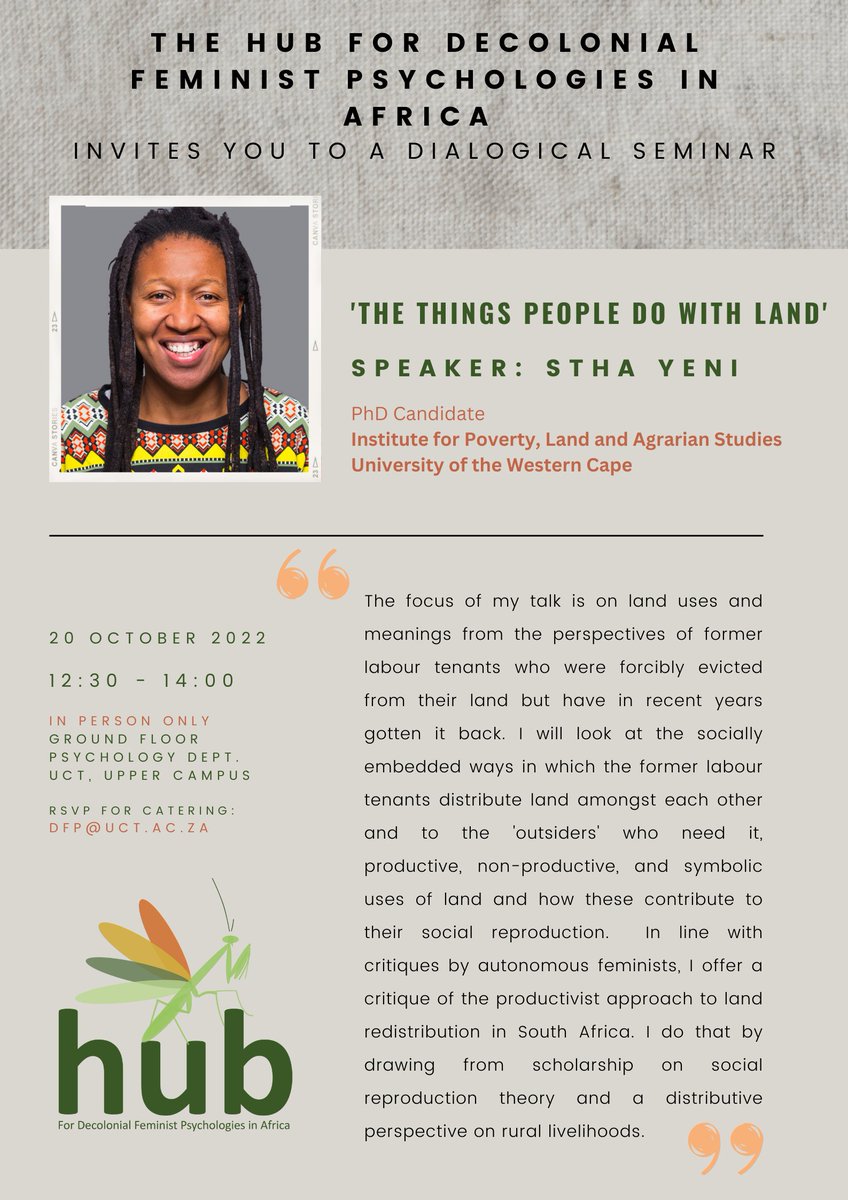 We're excited to host <a href="/sthaYeni/">Stha Yeni</a> - an activist and PhD candidate at <a href="/PLAASuwc/">PLAAS</a> - for a talk on the 20th of October. Come join us!