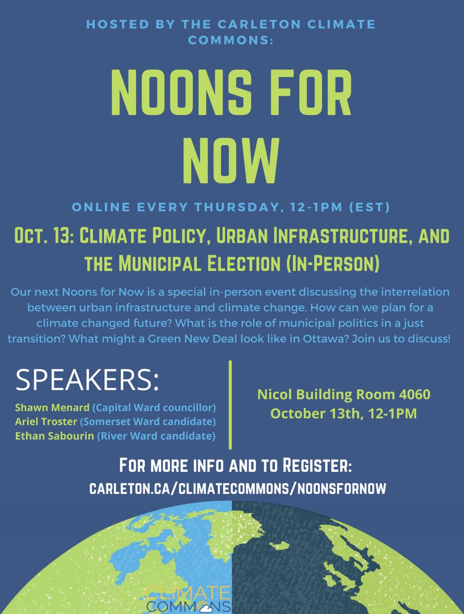 CarletonNDP's tweet image. Hey Carleton New Democrats

We’re letting you know that Carleton Climate Commons’ is hosting an upcoming event, on October 13th at noon, and we’re inviting you to join us! We will be joined by candidates @ArielTroster, @ShawnMenard1, &amp;amp; @EthanSabourin and we hope to see you there!