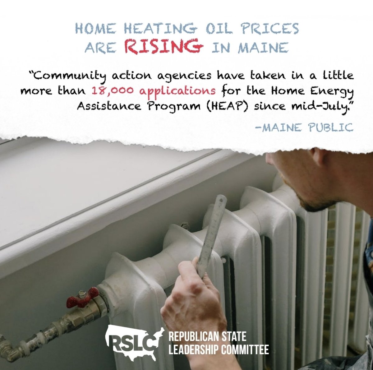 RSLC's tweet photo. Home heating oil prices are projected to rise more than 17% than last year &amp; Mainers are going through remarkable lengths to stay warm. But if the Dem-controlled Leg in Augusta had their way, they'd make winter even more unbearable by passing a 40¢ gas tax increase. #mepolitics https://t.co/UDBIG13Kfs