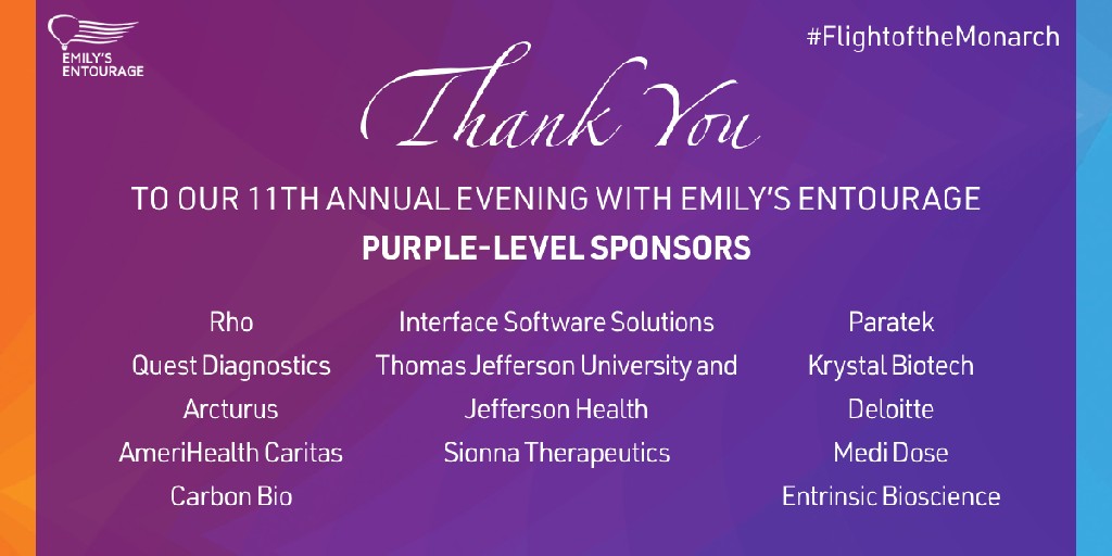 EmilysEntourage's tweet photo. Sharing a heartfelt thank you to our Purple level corporate #sponsors for our 11th annual Evening with Emily’s Entourage gala. We are grateful to have their support as we race to find a cure for the final 10%. Thank you, from the bottom of our hearts 💜 https://t.co/73WuQRXrw7
