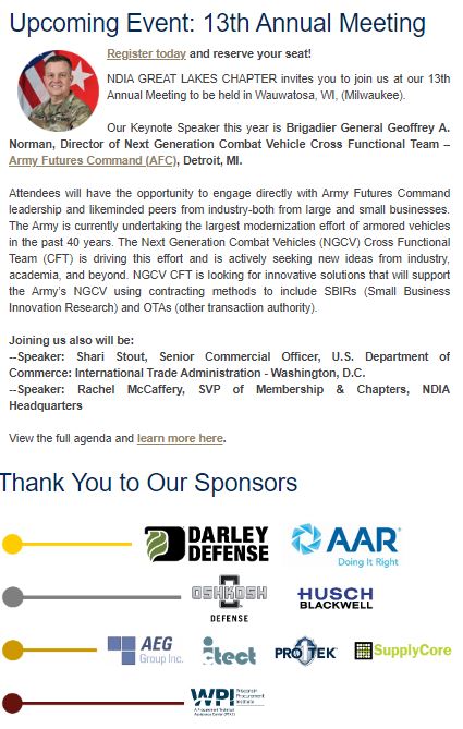 Wis_Pro's tweet photo. Keynote Oct 18 @ NDIA GL Annual meeting -Milwaukee- BG Geoffrey A. Norman, Director of Next Generation Combat Vehicle Cross Functional Team @armyfutures Detroit MI @OshkoshDefense @BusinessDefense #govcon  @AARCORP @SupplyCoreInc @TradeGov https://t.co/YX7C4XOpHu @HuschBlackwell https://t.co/zfgYncnOjp
