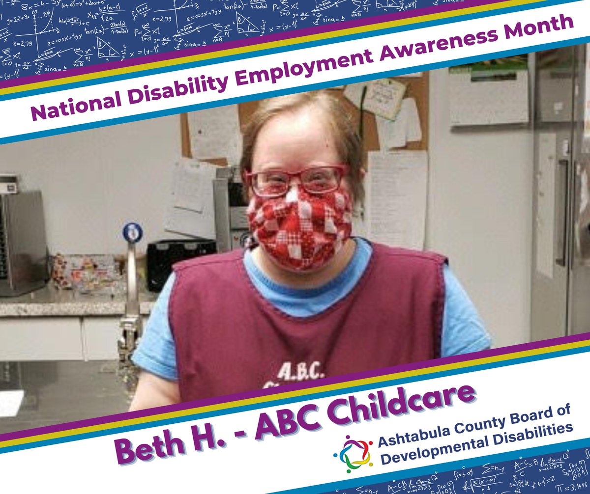 As part of National Disability Employment Awareness Month, we are spotlighting different employees. This week we are featuring Beth who has been employed at ABC Childcare for 21 years! When asked what she likes most about her job she said, "Getting to see all kids, of all ages!"