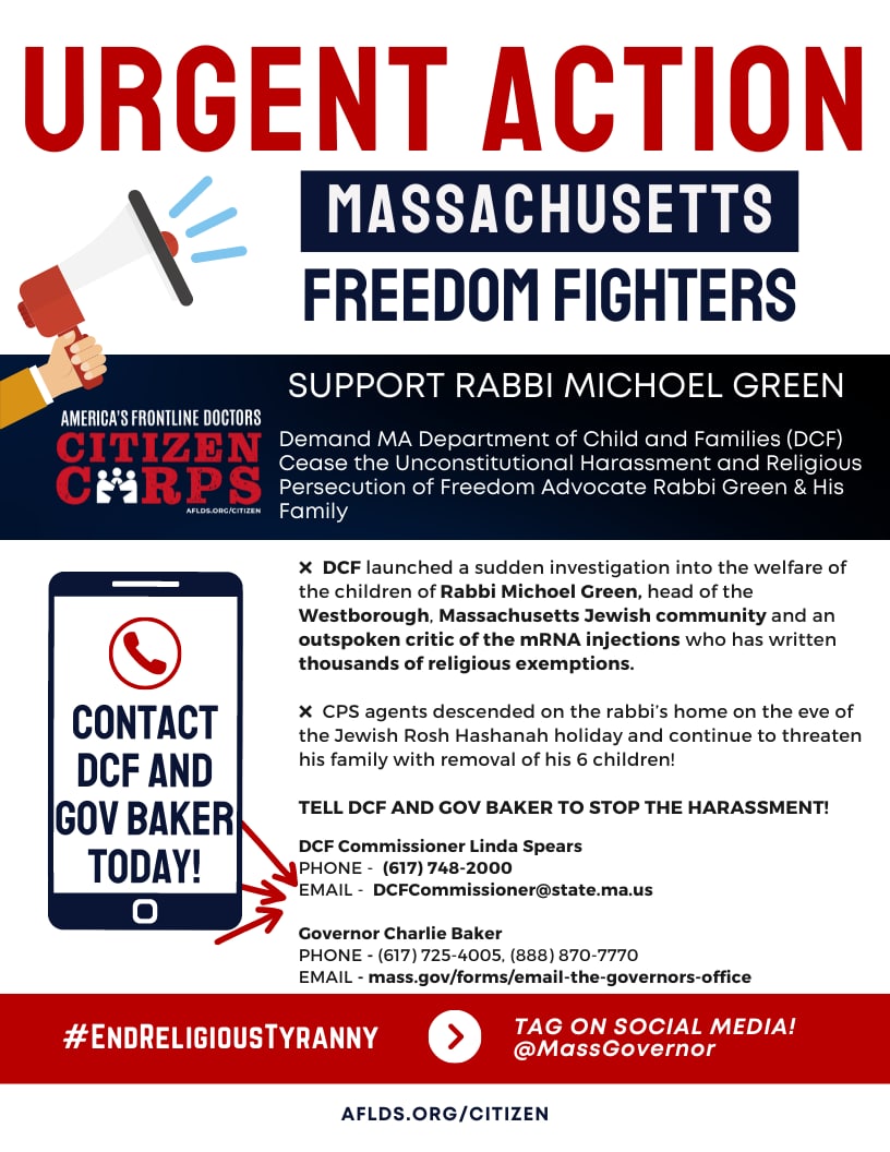 lucinbab's tweet photo. 📛 ATTN MA - Contact @Mass_DCF and @MassGovernor 

➡️ MA Rabbi providing religious vaccine exemptions threatened https://t.co/vX3FVBGKiU

➡️ WATCH - Rabbi Green plea for help -  My Family Under Assault https://t.co/Wvs370du3i

➡️ Gov Baker Contact Form 
https://t.co/GZY03gJzZf https://t.co/SVDd1adu5o
