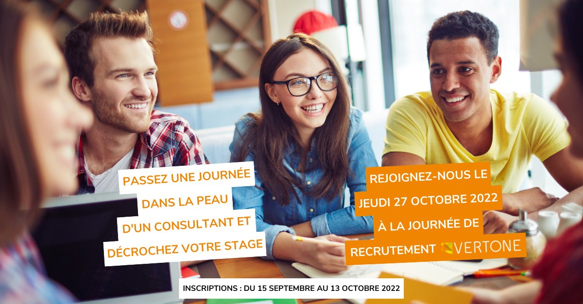 📢 Passez une journée dans la peau d'un consultant et décrochez votre #stage avec la journée de #recrutement VERTONE le jeudi 27 octobre.
⏰ Inscriptions jusqu'au 13 octobre inclus.
📩 Rendez-vous sur le site de VERTONE pour postuler.
👉 hubs.li/Q01plHM_0