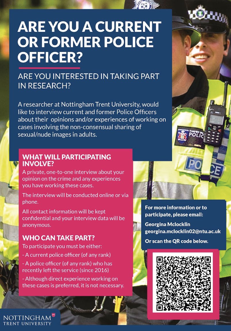 Please RT. Looking for police officers to take part in an online interview to help develop recommendations for managing cases involving nonconsensual image sharing. See link for EMPAC post: tinyurl.com/yet2w8t8 #ukpolice #ThinBlueLine #ukpolicing