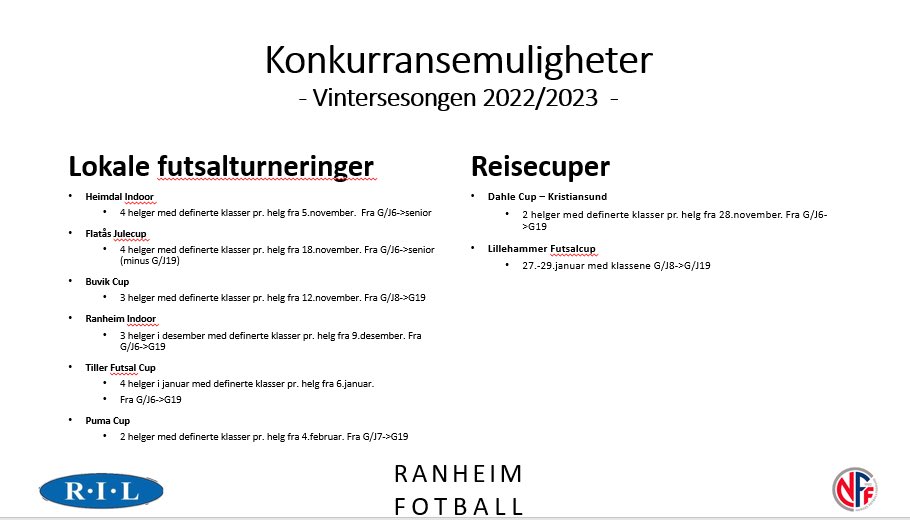 Futsalturnering til vinteren? Her er noen gode alternativer hos blant andre  <a href="/heimdalindoor/">Heimdal Indoor</a>, <a href="/BuvikFotball/">Buvik Fotball</a>, <a href="/FlatasIL/">Flatås IL A-laget</a>, @TillerFotball, <a href="/KolstadFotball/">Kolstad Fotball</a> og <a href="/DahleIL/">Dahle Idrettslag</a>⚽️