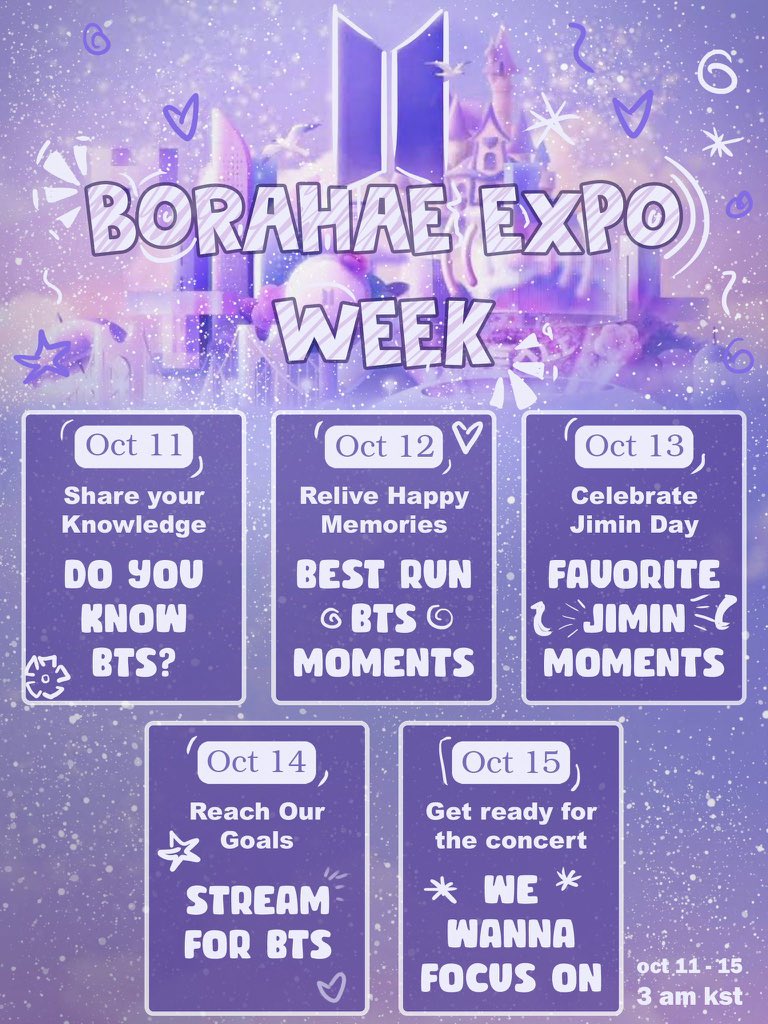 wangteaco's tweet photo. WELCOME ARMYS, we are happy to announce we're organizing "BORAHAE EXPO WEEK" to celebrate BTS expo busan concert, this is the schedule of the week please make sure to join and participate!! Let's have fun hyping BTS up and celebrate together! 💜
#BorahaeExpoWeek https://t.co/5fqUSlzjc3