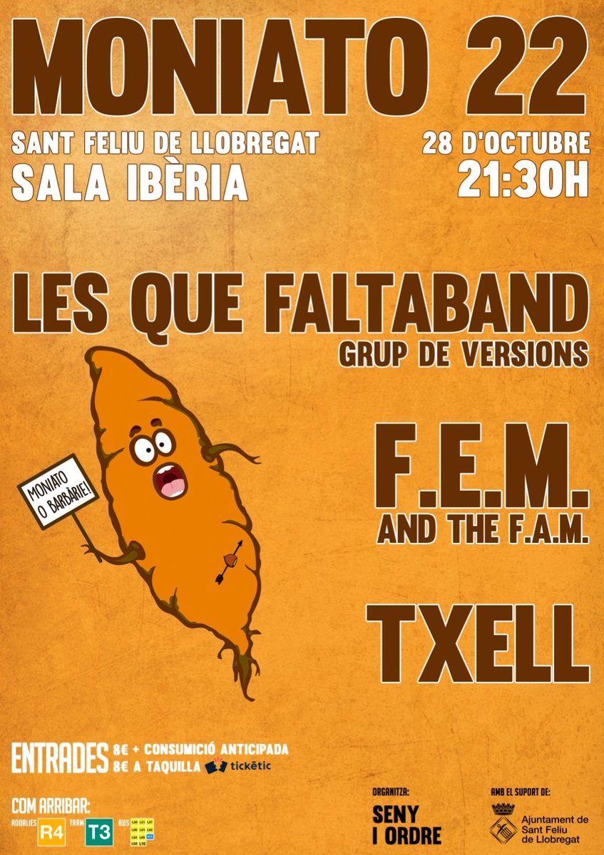 #AvuiSona el festival #Moniato, que es durà a terme el proper 28 d'octubre a la #SalaIbèria de #SantFeliudeLlobregat i que ja ha presentat el cartell per aquesta 4a edició!

En ell hi actuaran <a href="/femofficial1/">F.E.M.</a>, #LaQueFaltaband i #Txell 🌰🎶