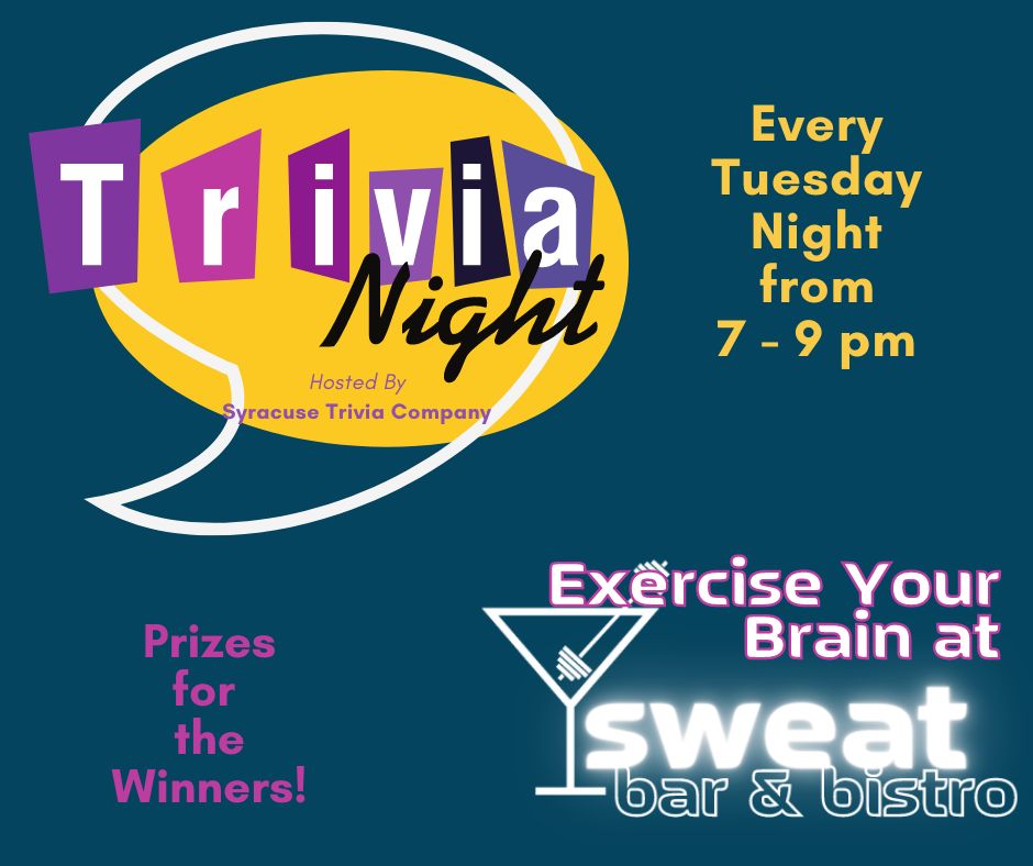 elevatesyracuse's tweet photo. Join us tomorrow night at Sweat Bar &amp; Bistro in Dewitt for Trivia Night! Food and drink specials and prizes for the winners! https://t.co/6gnpfe1wiw #elevatesyracuse #morethanagym #sweatsyracse #trivianight https://t.co/DrDHQOJUAE