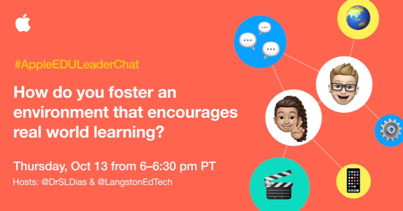 How do you foster an environment that encourages real world learning? Share your thoughts below 👇🏼 and join our live #AppleEDULeaderChat on Thursday at 6:00 pm PT with hosts <a href="/DrSLDias/">Dr. Samantha L. Dias</a> &amp; <a href="/LangstonEdTech/">Chuck Langston</a>.