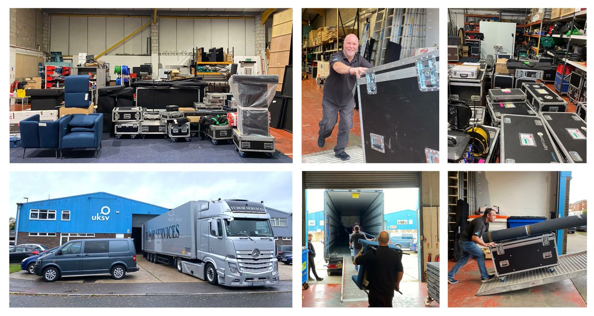 UKSV's tweet photo. A lot of work goes into prepping for live events! Check out some of our behind-the-scenes pictures of the technical team loading the truck for our #Barcelona event in the warehouse last week. #Liveevents #Eventprofs #EuropeanEvents https://t.co/D64CAyZW8E
