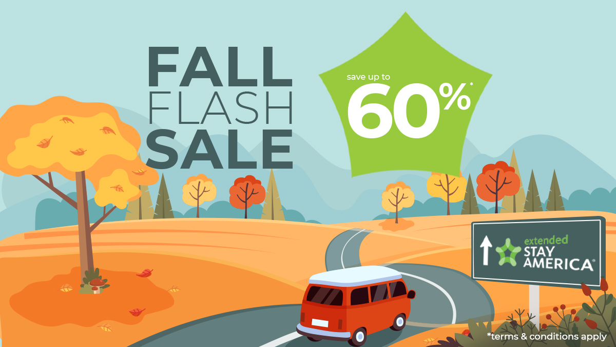 ExtendedStay's tweet photo. Rake in the savings with our Fall Flash Sale! Book now to save up to 60% at https://t.co/FTR8EBZ9Iw 🍁 #flashsale #fallflashsale #hotel #hotelflashsale https://t.co/OMZULwAUKX