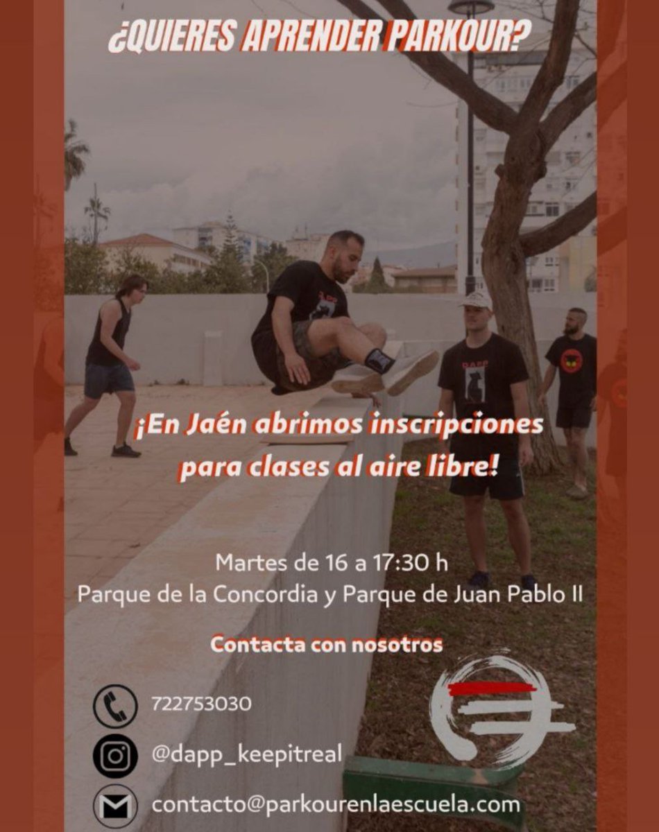PKenlaescuela's tweet photo. ¡Clases de Parkour!
Nuestros socios de Jaén no paran! 
Escríbenos para apuntarte 🏃🏻‍♂️🏃‍♀️

#pk #parkour #jaen #clases #aprender #dapp #keepitreal https://t.co/U5OPeAB2Vn