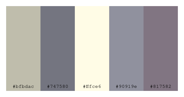 ColPaletteBot's tweet photo. Beep beep, here's a pretty color palette for you! 

color-scheme.js parameters used: 
- hue: 100
- variation: pale
- colors: #bfbdac, #747580, #fffce6, #90919e, #817582

Have a lovely day!

#twitterbot #colorpalette #colors #palette #prettycolors https://t.co/cm5b96r1uj
