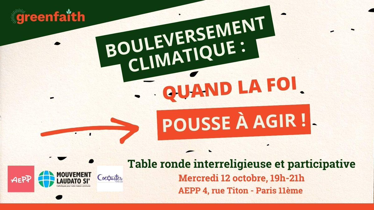 Mercredi, soirée-débat en compagnie de 
• Ivan Birr <a href="/egliseverte/">Egliseverte</a> 
• <a href="/FitoussiTali/">Tali Trèves - Fitoussi</a> <a href="/AyekaFrance/">Ayeka France</a> 
• Ilena Hatton <a href="/FPFclimat/">FPFclimat 🌎  ✝️</a> 
• Walid Loulidi, apiculteur musulman
• <a href="/NadafiHamdam/">Hamdam Nadafi</a>, <a href="/bahaisdefrance/">Bahá'ís de France</a>
• Rina Randrianarivelo <a href="/MouvementLS/">Mouvement Laudato Si’</a> 

#Coexister 🌱
<a href="/greenfaith_fr/">GreenFaith.Fr</a>