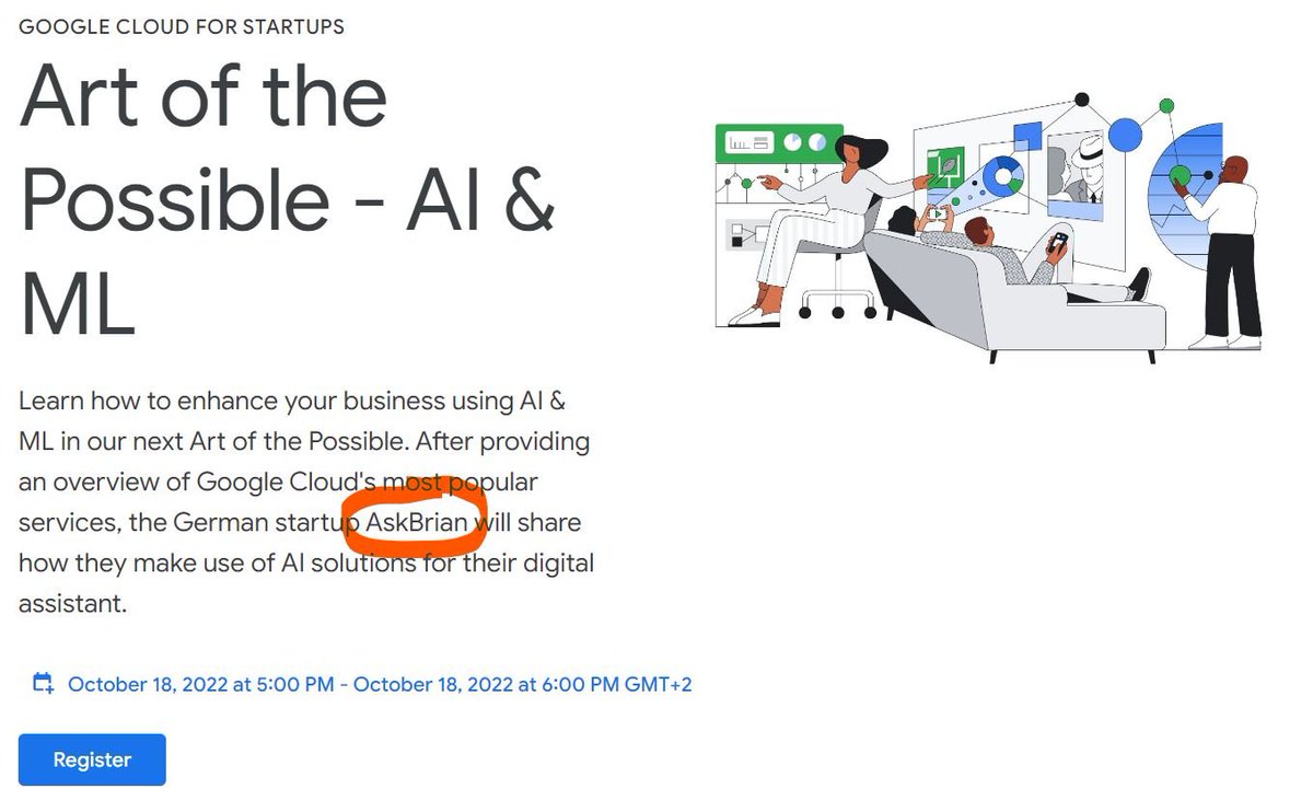Thrilled to announce that our Founder and CEO Pavol Sikula will be talking at <a href="/googlecloud/">Google Cloud</a> for Startup’s “Art of the Possible - AI &amp; ML”!! 

Join us at this exciting event on October 18 at 5 pm CEST. 

Register here: bit.ly/3T5ajSZ

#googlecloud #brianthebrain #AI