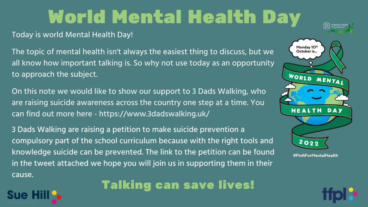 tfpl_Ltd's tweet photo. It's World Mental Health Day &amp; we want to show support for @3dadswalking who are raising suicide awareness across the UK. They are petitioning to make suicide prevention a compulsory part of the school curriculum; link here -  https://t.co/1oBSrEIGKk 
#SuicidePrevention #WMHDay https://t.co/lYyXzA4t3H