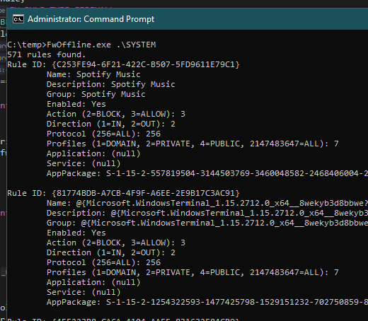 0gtweet's tweet photo. A new tool has arrived: offline firewall policy parser. Relies on undocumented fwpolicyiomgr.dll and somewhat documented data structures. Can be useful in some #DFIR investigations. Enjoy the C source code and the compiled EXE, as usual: https://t.co/IB7oG5PBdQ https://t.co/9Zo7CVESbd