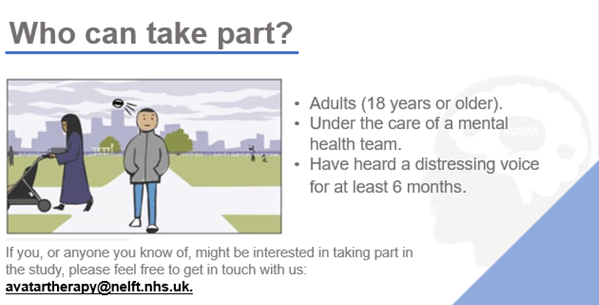 NELFT Research & Development (@nelftresearch) on Twitter photo Recruitment on the exciting <a href="/Wellcome/">dhafer ben khalifa</a> funded 🗣️ <a href="/avatarldn/">Avatar Therapy</a> study in collaboration with <a href="/ucl/">UCL</a>, will be closing in November this year. If you or someone you know hears distressing voices and is interested in receiving an innovative digital #therapy, email avatartherapy@nelft.nhs.uk Recruitment on the exciting <a href="/Wellcome/">dhafer ben khalifa</a> funded 🗣️ <a href="/avatarldn/">Avatar Therapy</a> study in collaboration with <a href="/ucl/">UCL</a>, will be closing in November this year. If you or someone you know hears distressing voices and is interested in receiving an innovative digital #therapy, email avatartherapy@nelft.nhs.uk