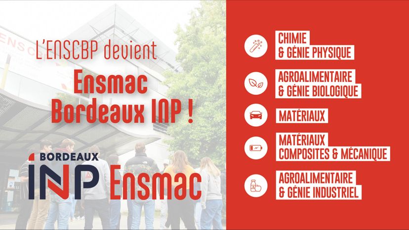 BordeauxINP's tweet photo. L'Enscbp devient l’Ensmac : École Nationale Supérieure de Matériaux, d’Agroalimentaire et de Chimie, école d’ingénieurs @BordeauxINP
1ère étape pour réaffirmer son identité.
Merci @ComAstucieuse
+ d’infos : https://t.co/1hyjwCJU6m
#Ensmac #BordeauxINP #DDRS #transitionecologique https://t.co/irDeagXBud