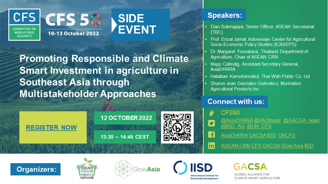 SeanWoolfrey's tweet photo. Join our #CFS50 side event (https://t.co/Gmvb84HJIh) to hear governments, agribusinesses, SMEs and civil society explain how they are making ASEAN's regional approach to promoting responsible investment in agriculture a reality on the ground. @carin_smaller, @F_Rampa, @FAOInvest https://t.co/31qJsVQBNR